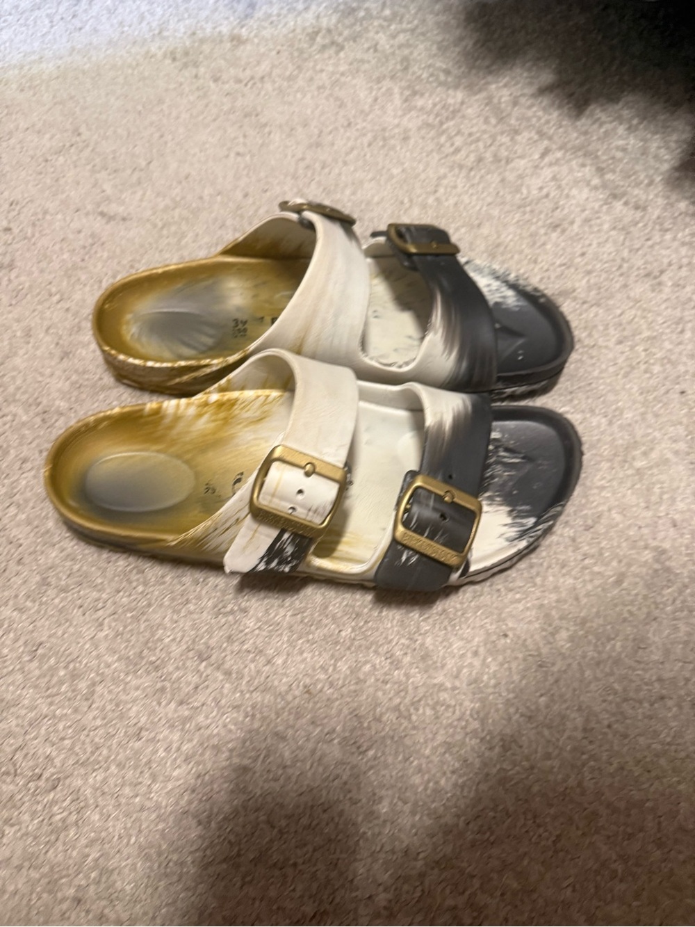 Birkenstock Two-Tone Paint-Effect Slide Sandals - White, Gold, Gray sz 38